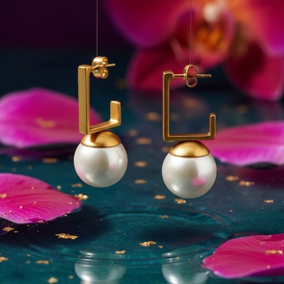 🆕️ Modern Classic Elegance: 18K Gold Plated Stainless Steel Pearl Drop Earrings - Picture 5 of 10